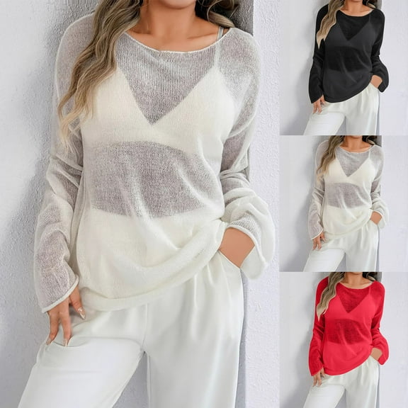 ZZwxWA Womens Sheer Long Sleeve Lightweight Knit Top Casual See Through Pullover Shirt Fashion Breathable Loose Summer Cover up