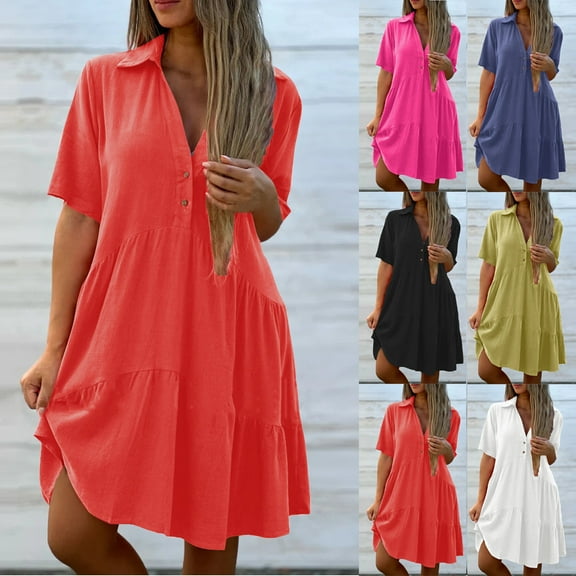 ZZwxWA Womens Shirt Dress Button Down 2025 Summer Short Sleeve V Neck Loose Flowy Tiered Ruffle Knee Length Dresses Casual Plus Size S-5XL Sunderss