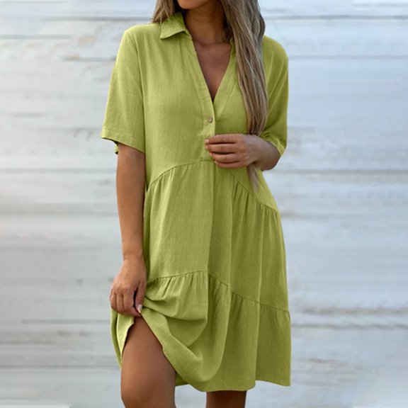 ZZwxWA Womens Shirt Dress Button Down 2025 Summer Short Sleeve V Neck Loose Flowy Tiered Ruffle Knee Length Dresses Casual Plus Size S-5XL Sunderss