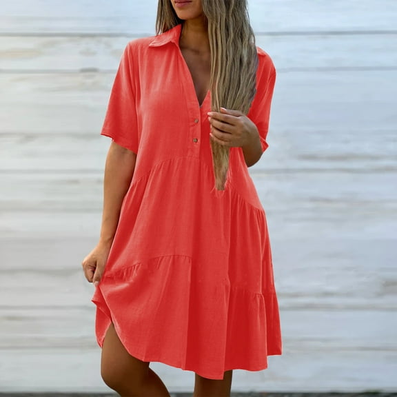 ZZwxWA Womens Shirt Dress Button Down 2025 Summer Short Sleeve V Neck Loose Flowy Tiered Ruffle Knee Length Dresses Casual Plus Size S-5XL Sunderss