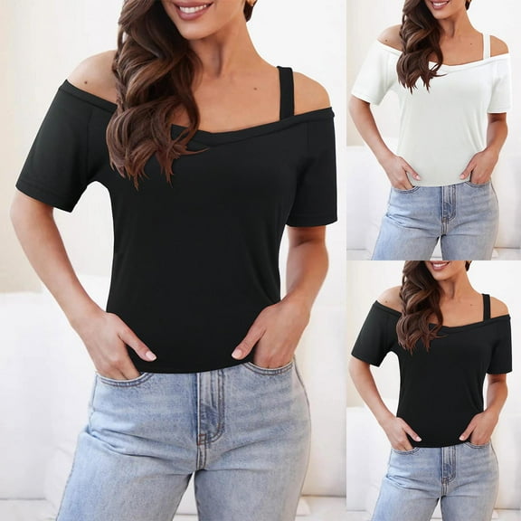 ZZwxWA Womens Short Sleeve Cold Shoulder Tops Sexy Off the Shoulder Tshirts Loose Casual Shirts Tee Solid Color Women's Summer Bloluse