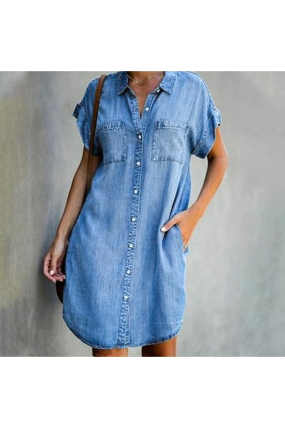 Womens Short Sleeve Denim Shirt Midi Dress Button Down Tunic Jean Dress with Pockets Loose Jean Casual Shift Dress Tunic Top