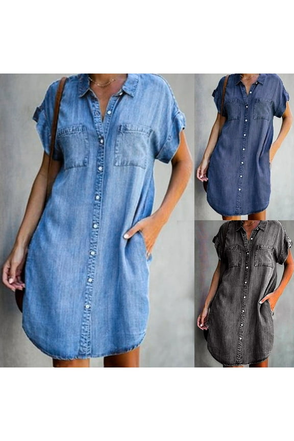 Womens Short Sleeve Denim Shirt Midi Dress Button Down Tunic Jean Dress with Pockets Loose Jean Casual Shift Dress Tunic Top