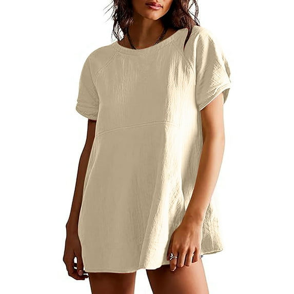 ZZwxWA Womens Short Sleeve Round Neck Shirts Solid Color Basic Loose Tunic Tops Patchwork Blouse Casual 2025 Trendy Clothes