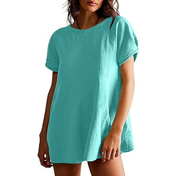 ZZwxWA Womens Short Sleeve Round Neck Shirts Solid Color Basic Loose Tunic Tops Patchwork Blouse Casual 2025 Trendy Clothes