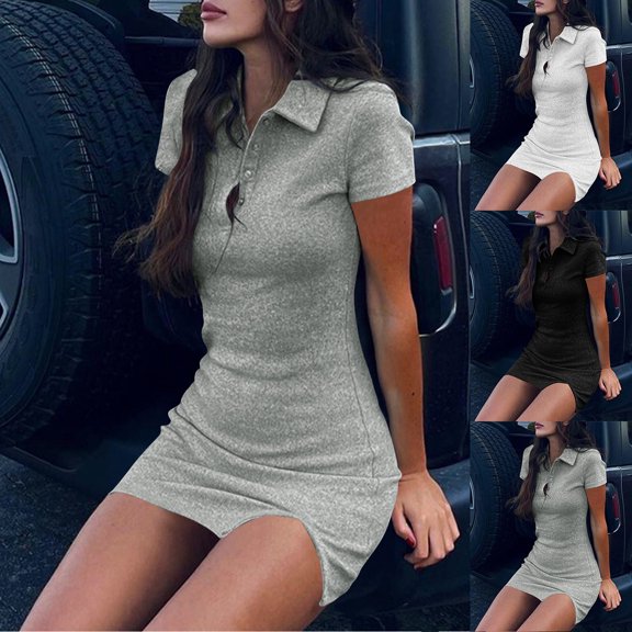 ZZwxWA Womens Short Sleeve Slit Bodycon Dress Ribbed Knit Collar Button Down Mini Dress Y2K Party Club Dresses Solid Hip Wrap Shirt Sundress