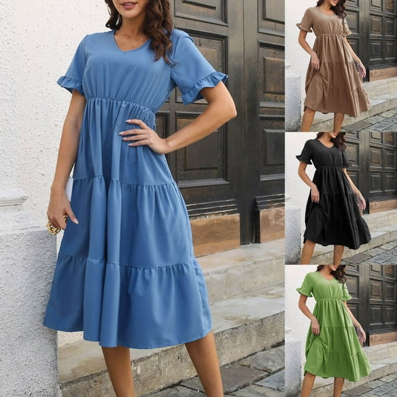 ZZwxWA Womens Short Sleeve Summer Dress A Line Wrap Dress High Waist Tiered Vacation Dresses for Women Solid Pleated Casual Sundress