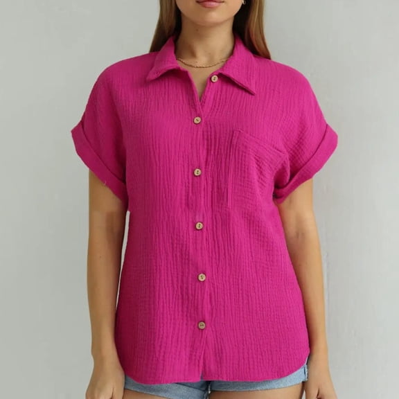 ZZwxWA Womens Short Sleeve Tops Cotton Button Down Shirt Rolled Cuffed Blouse Ladies Summer Casual V Neck Beach Solid Tshirt