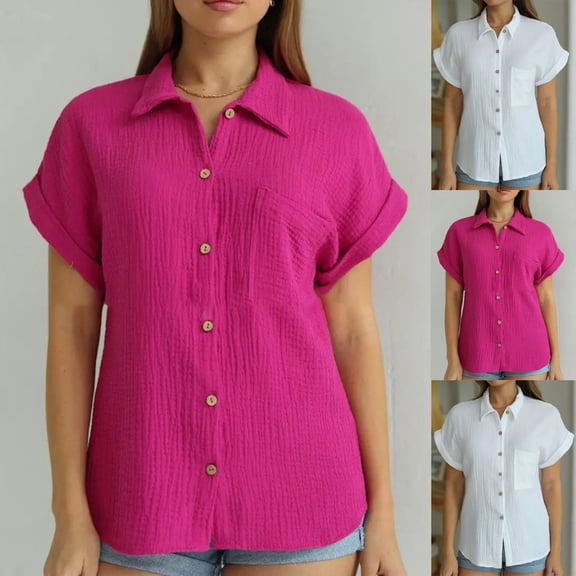 ZZwxWA Womens Short Sleeve Tops Cotton Button Down Shirt Rolled Cuffed Blouse Ladies Summer Casual V Neck Beach Solid Tshirt