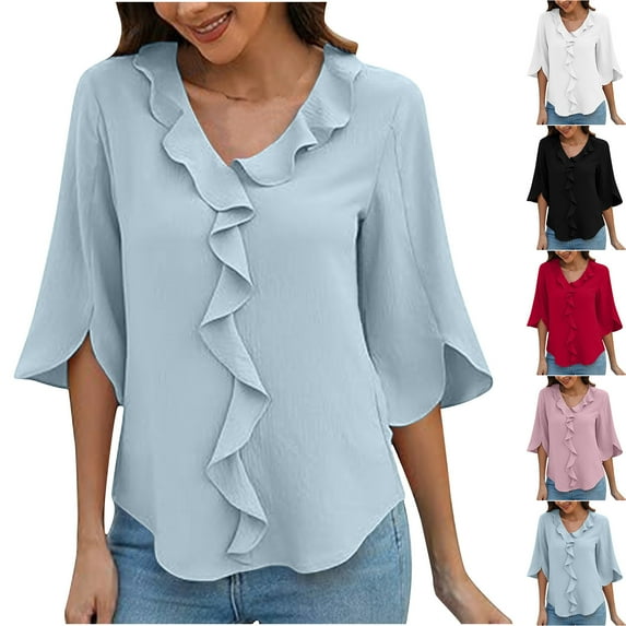 ZZwxWA Womens Short Sleeved V-neck Top/shirt Women's Casual Shirt Ruffled Business 2025 Summer Fashion Work Shirt