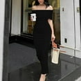 thumbnail image 1 of ZZwxWA Womens Off The Shoulder Sexy Skinny Fit Cocktail Party Dress Solid Color Oversize Maxi Long Dress Short Sleeve Backless Formal Gown Black Small, 1 of 6