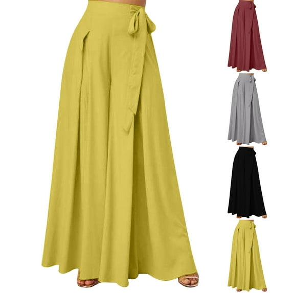 ZZwxWA Womens Side Knot Tie Waist Wide Leg Long Pants Pleated High Waist Full Length Elegant Work Wear Palazzo Pants
