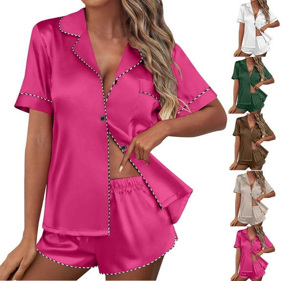 ZZwxWA Womens Silk Satin Pajamas Set Short Sleeve Pj Sets Button Down Pjs 2 Piece Sleepwear Loungewear Solid Color Homewear
