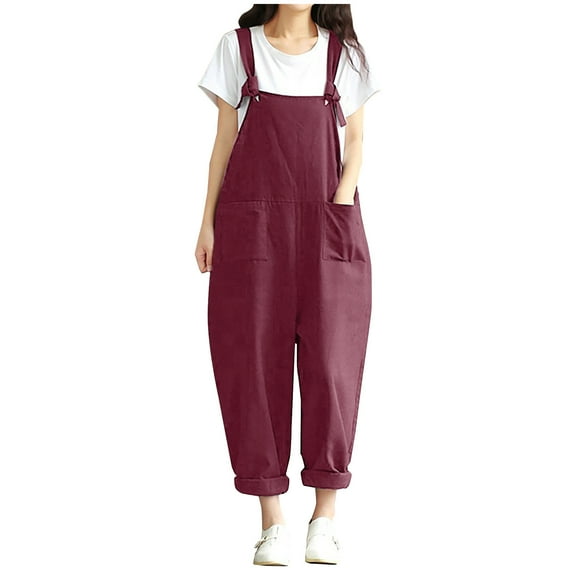 ZZwxWA Womens Sleeveless Cotton Linen Adjustable Bib Overalls Baggy Jumpsuits Romper with Pockets Straps Jumpsuit