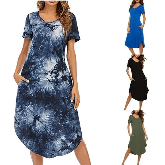 ZZwxWA Womens Soft Nightgowns Summer Cotton Long Pajama Dresses Tie Dye Flowy Crew Neck Short Sleeve Sleep Dress Loungewear Pockets