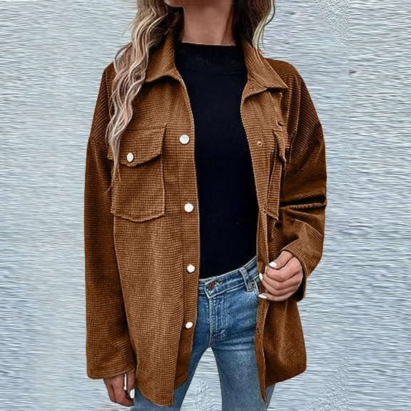 ZZwxWA Womens Solid Button Front Flap Pockets Waffle Coat Casual Loose Drop Shoulder Long Sleeve Collared Outerwear