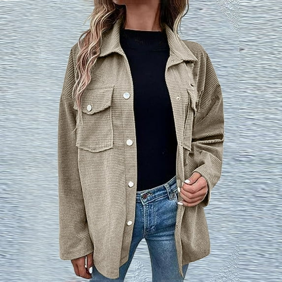 ZZwxWA Womens Solid Button Front Flap Pockets Waffle Coat Casual Loose Drop Shoulder Long Sleeve Collared Outerwear