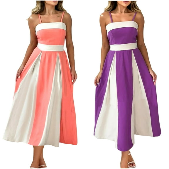 ZZwxWA Womens Spaghetti Strap Maxi Dress 2025 Summer Sleeveless Color Block A Line Flowy Party Dresses