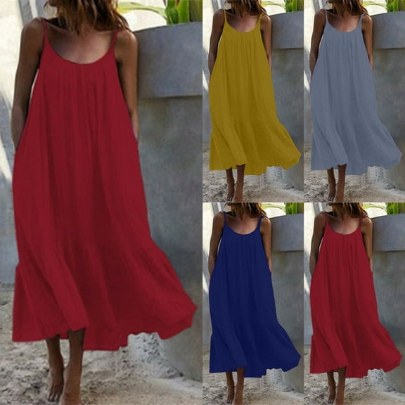 ZZwxWA Womens Spaghetti Straps Casual Loose Summer Long Dress Sleeveless Flowy Swing Beach Cami Tank Dresses Maxi Dresses
