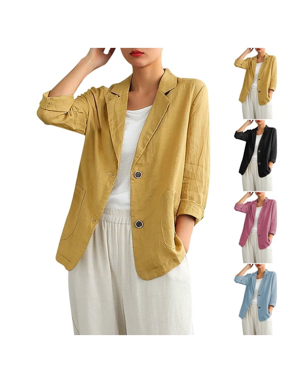 Womens Spring Summer Coat Cotton Linen Blazer Suit Cardigan Jacket Women Casual Solid Color 3/4 Sleeves Jackets