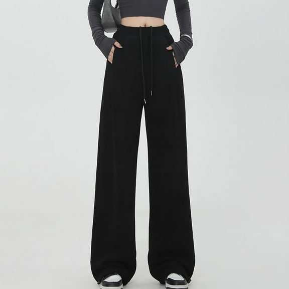 ZZwxWA Womens Straight Leg Sweatpants Casual Solid Baggy Joggers Pants Drawstring Elastic High Waist Long Pants Streetwear