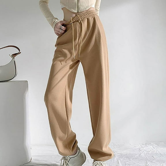 ZZwxWA Womens Straight Leg Sweatpants Casual Solid Baggy Joggers Pants Drawstring Elastic High Waist Long Pants Streetwear