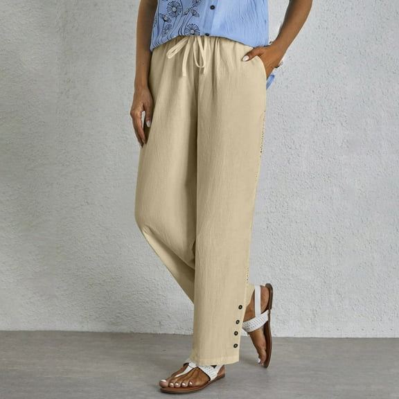 ZZwxWA Womens Straight Slim Linen Capri Pants with Drawstring Solid Color Pants, Summer Fashion Trousers with Pockets