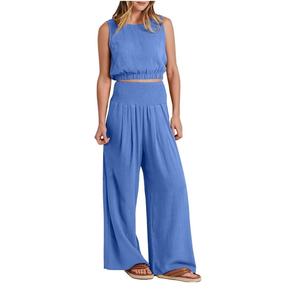 ZZwxWA Womens Summer 2 Piece Outfits Sleeveless Crop Top Tank and Wide Leg Pants Linen Pants Beach Vacation Sets