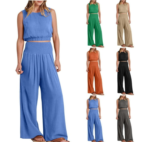 ZZwxWA Womens Summer 2 Piece Outfits Sleeveless Crop Top Tank and Wide Leg Pants Linen Pants Beach Vacation Sets
