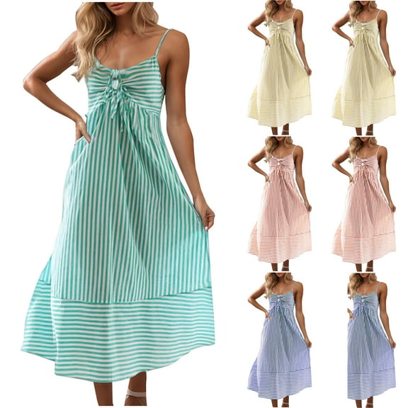 ZZwxWA Womens Summer Boho Dresses Spagetti Strap Striped Beach Dress Casual Smocked Back Midi Long Sun Dress High Waist