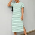 thumbnail image 1 of ZZwxWA Womens Summer Casual Midi Dress Short Sleeve Crewneck T Shirt Long Dresses Split Stripe Beach Vacation Travel Outfit, 1 of 5