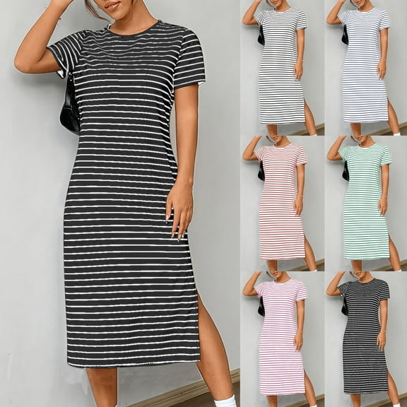 ZZwxWA Womens Summer Casual Midi Dress Short Sleeve Crewneck T Shirt Long Dresses Split Stripe Beach Vacation Travel Outfit