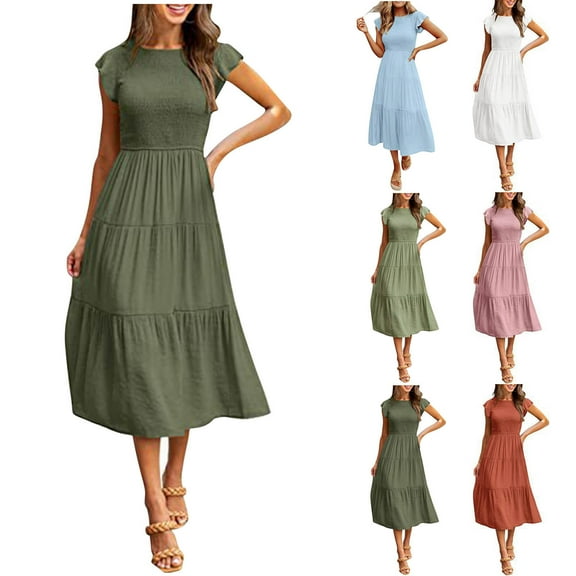 ZZwxWA Womens Summer Casual Midi Dress Smocked Crewneck Flutter Short Sleeve Boho Tiered Maxi Dresses Short Sleeve Empire Waist Party Sundress