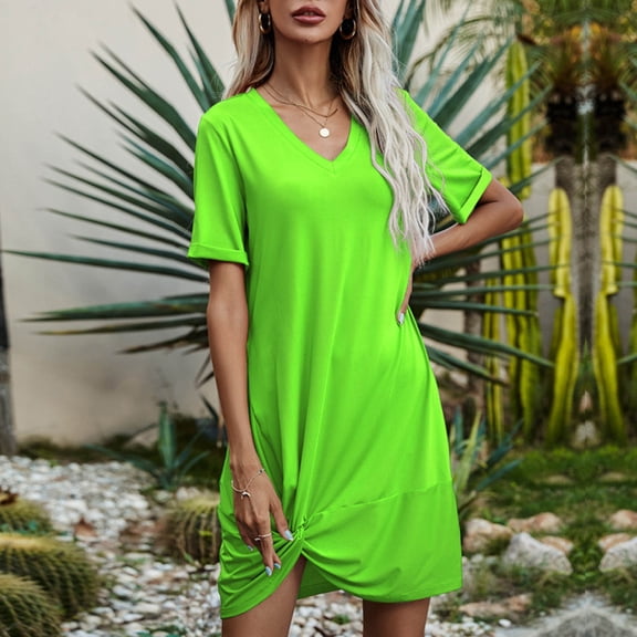 ZZwxWA Womens Summer Casual V Neck T-Shirt Dress Trendy Twist Hem Short Sleeve Loose Loungewear Nightgowns Solid Color