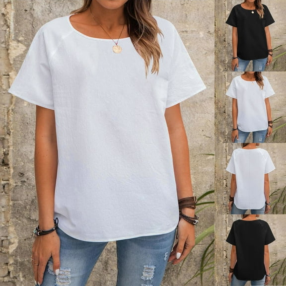 ZZwxWA Womens Summer Cotton Linen Shirts Casual Short Sleeve Tops Loose Fit Crew Neck Gauzy Tshirt Plain Peasant Blouses