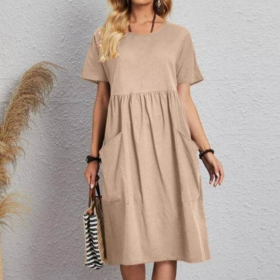 ZZwxWA Womens Summer Cotton Linen T Shirt Dress Casual Loose Fit Crewneck Short Sleeve Midi Dresses with Pockets Plus Size Women's Sundress