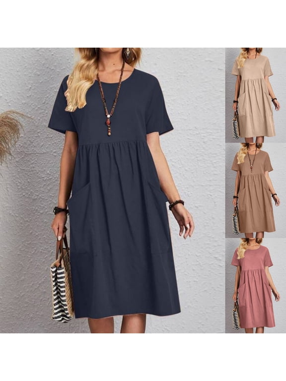 Womens Summer Cotton Linen T Shirt Dress Casual Loose Fit Crewneck Short Sleeve Midi Dresses with Pockets Plus Size Women's Sundress