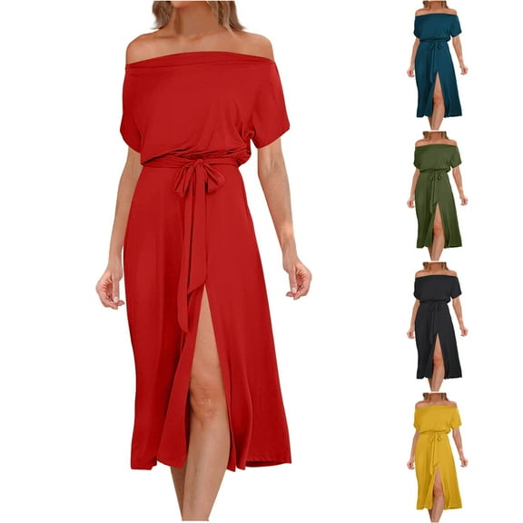 ZZwxWA Womens Summer Dress Off Shoulder One-Line Neck Dresses Solid Tie Waist Temperament Split Maxi Sundress Evening Cocktail Party Gown