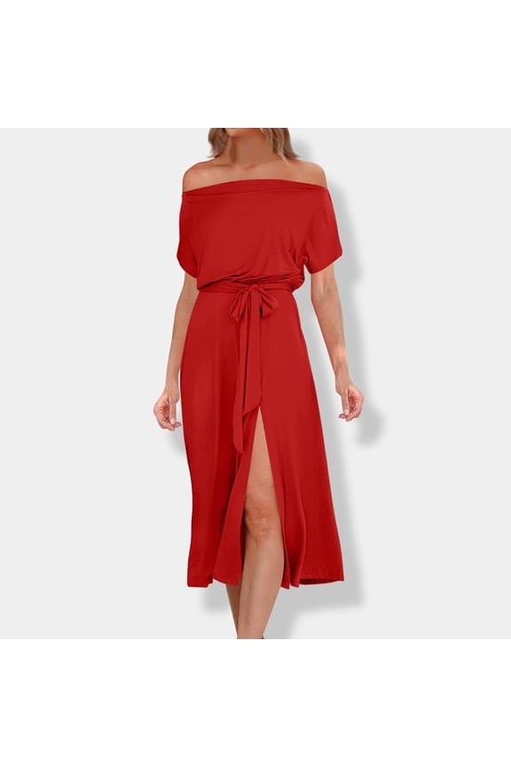 Womens Summer Dress Off Shoulder One-Line Neck Dresses Solid Tie Waist Temperament Split Maxi Sundress Evening Cocktail Party Gown