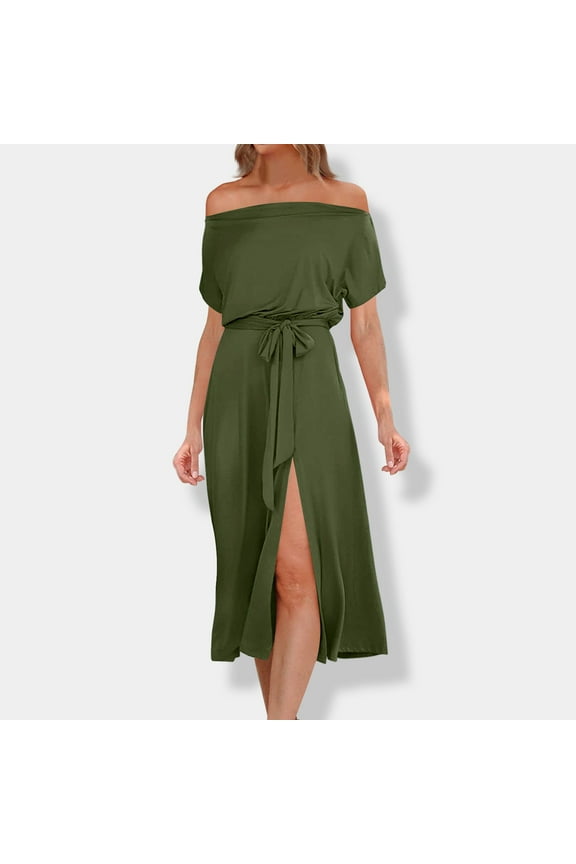 Womens Summer Dress Off Shoulder One-Line Neck Dresses Solid Tie Waist Temperament Split Maxi Sundress Evening Cocktail Party Gown