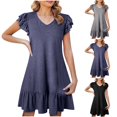 thumbnail image 1 of ZZwxWA Womens Summer Dresses 2025 Ruffle Short Sleeve Smocked V Neck Casual Loose A-Line Swing Mini Dress Sundress, 1 of 6