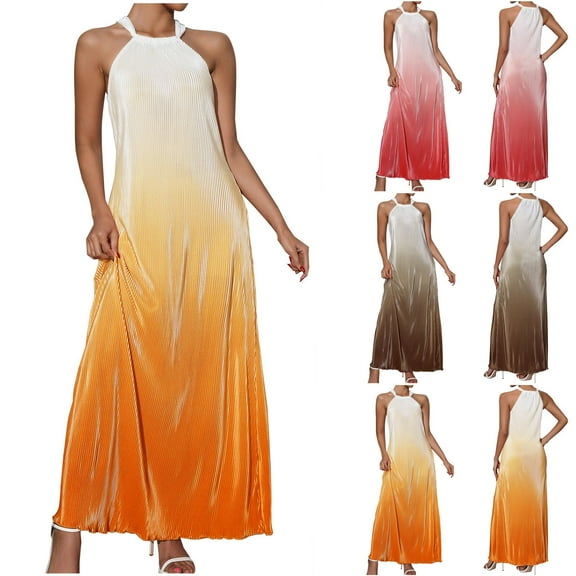 ZZwxWA Womens Summer Halter Neck Maxi Dress Sleeveless Pleated Flowy Long Dress Causal Travel Vacation Beach Sundress Gradient Color Cold Shoulder Ladies Sundress