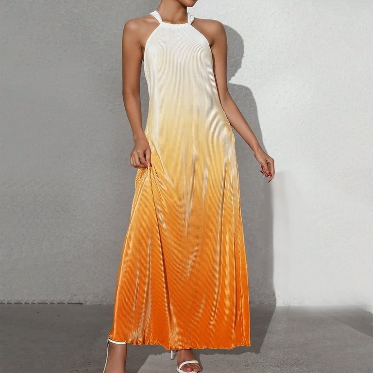 ZZwxWA Womens Summer Halter Neck Maxi Dress Sleeveless Pleated Flowy Long  Dress Causal Travel Vacation Beach Sundress Gradient Color Cold Shoulder  Ladies Sundress - Walmart.com