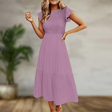 ZZwxWA Womens Summer High Waist Dresses Solid Short Sleeve Round Neck Pleated Beach Dress Ladies Elegant A-Line Maxi Dress