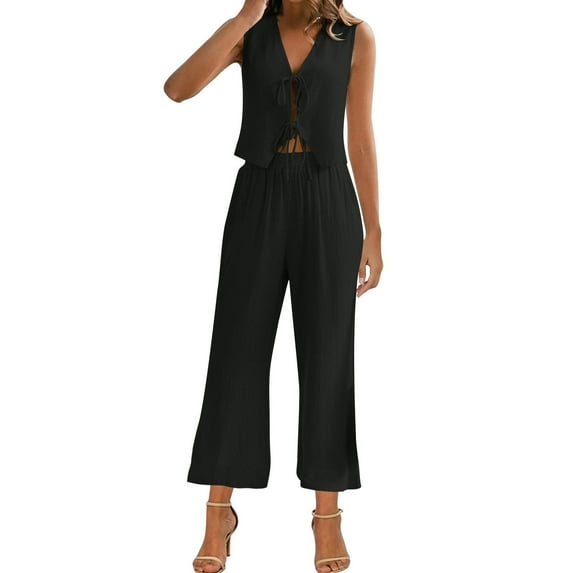 ZZwxWA Womens Summer Linen 2 Piece Outfits Laceup Tie Front Cutout Tank Top with Wide Leg Pants Loose Lounge Sets