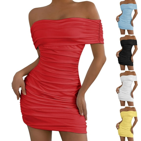 ZZwxWA Womens Summer Mini Ruched Bodycon Dress Off Shoulder Sleeveless Cocktail Party Short Fitted Dress