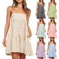 thumbnail image 1 of ZZwxWA Womens Summer Plaid Mini Dress Casual Spaghetti Strap Sleeveless Sundress Cold Shoulder A Line Beach Sundress with Pockets Cocktail Party, 1 of 6
