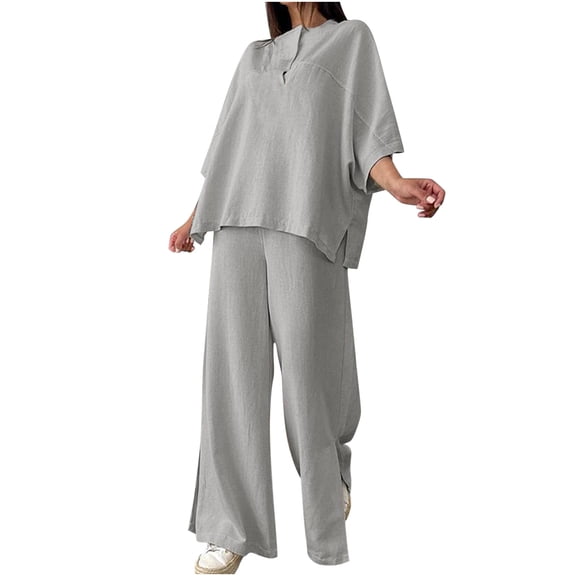 ZZwxWA Womens Summer Sets Casual Side Split 2 Piece Outfits Short Sleeve T Shirt Wide Leg Pants Suits Plus Size Lounge Set Cotton Linen