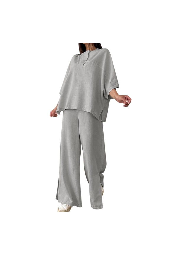 Womens Summer Sets Casual Side Split 2 Piece Outfits Short Sleeve T Shirt Wide Leg Pants Suits Plus Size Lounge Set Cotton Linen