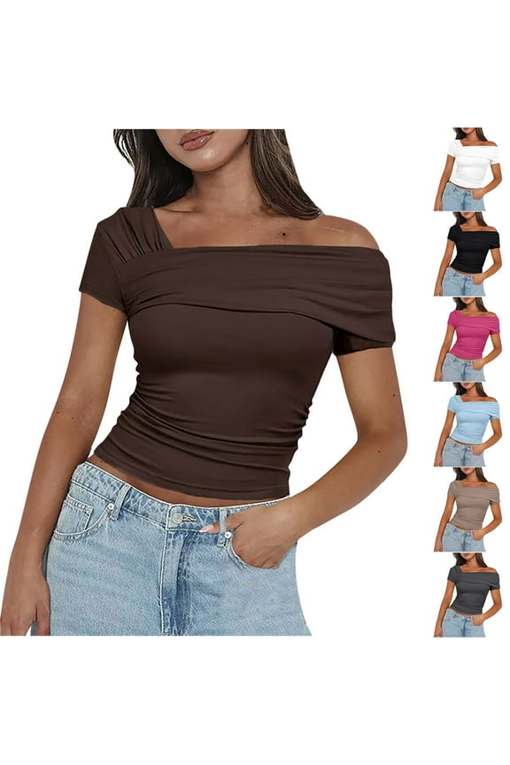 Womens Summer Sexy Off The Shoulder Tops Solid Color Fashion Short Sleeve Sling Blouse Flowy Split Hem Pullover Plus Size